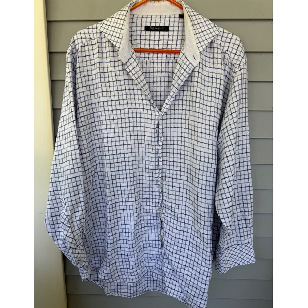 J. Campbell Mens Blue White Plaid Button Down Shirt Long Sleeve Cotton Blend